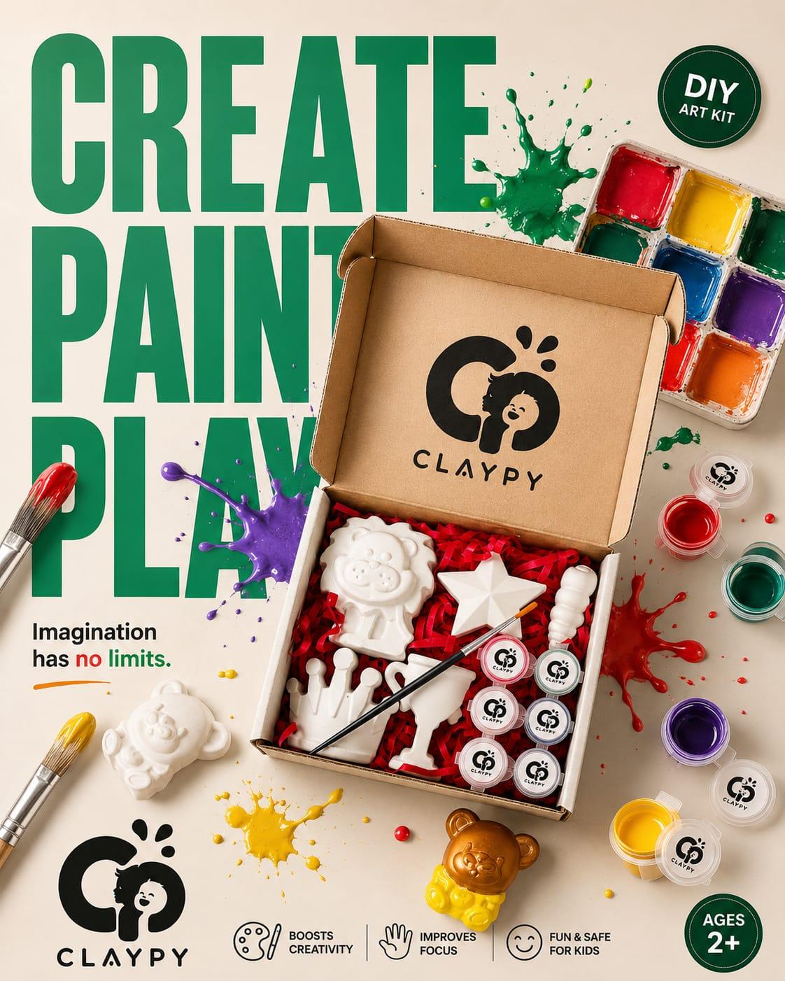 Claypy DIY kit contents: figurines, paint pots, and brush